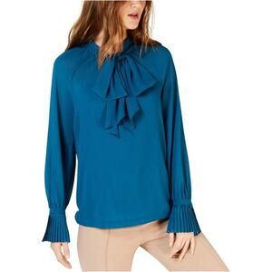 Trina Turk Women's Veracruz Tie Neck Pullover Blouse in Teal Blue M